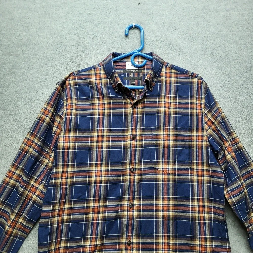 Banana Republic‎ Men Button Up Shirt L Blue Plaid Flannel Long Sleeve